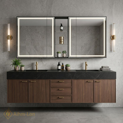60''-96'' Contemporary Double Bathroom Vanity with Sink Dark Stone Rich Wood Grain