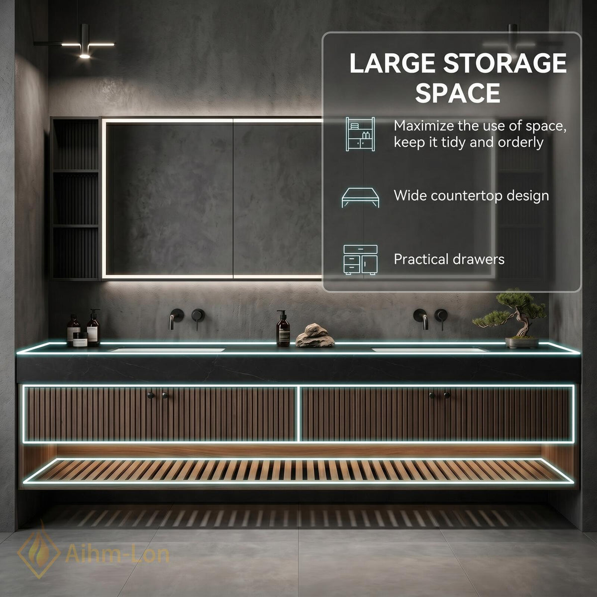60''-96'' Double Bathroom Vanity with Sink Modern Floating Slatted Wood Dark Stone