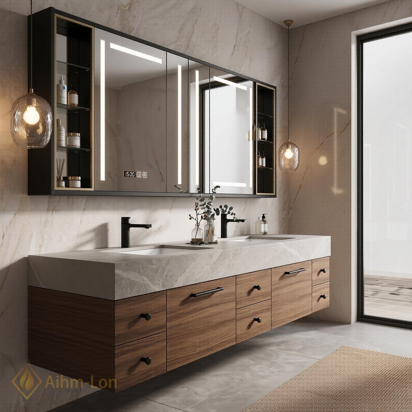 72''-96'' Double Bathroom Vanity with Sink Wood Modern Floating Grain Drawers Mirror