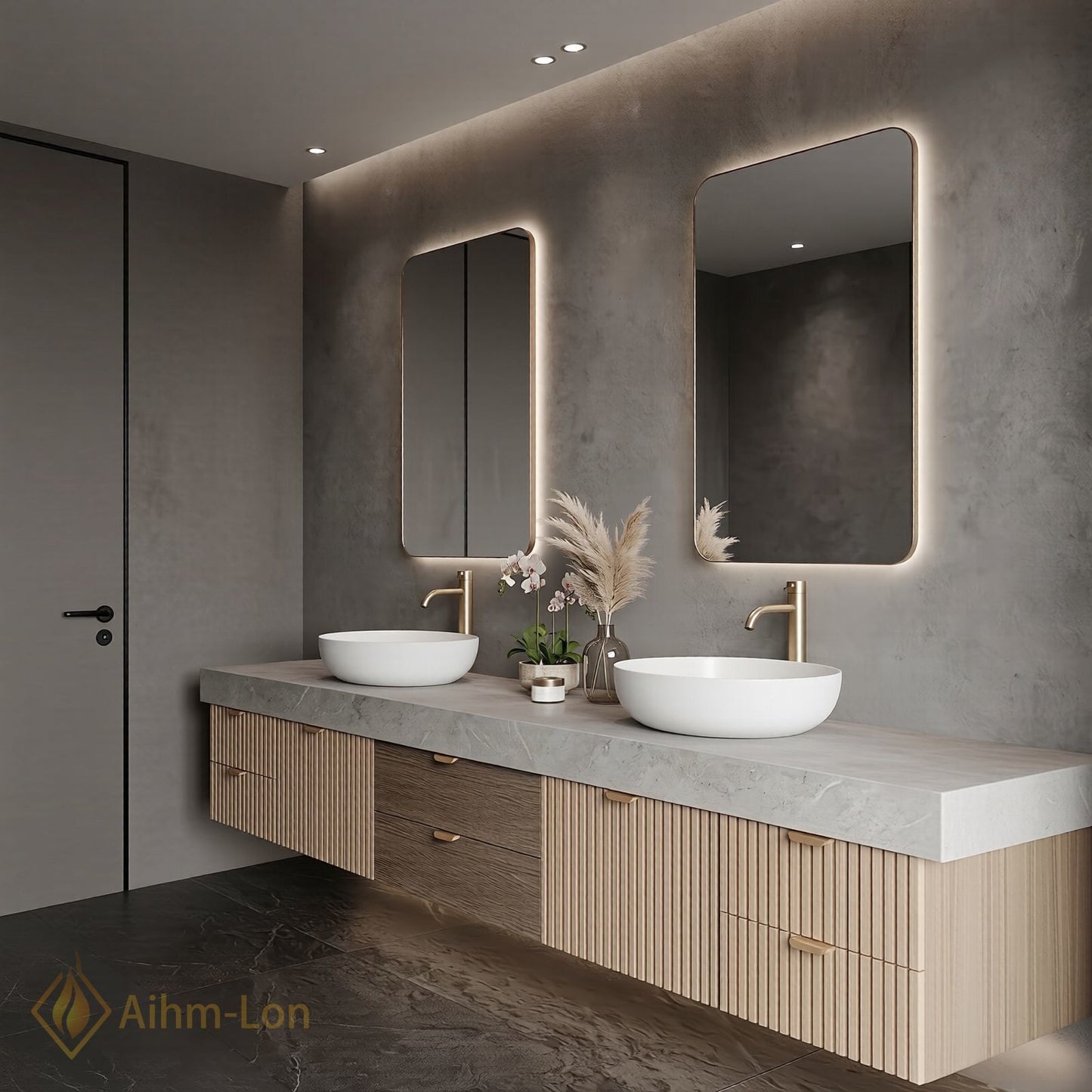 70''-96'' Double Bathroom Vanity with Sink Modern Slatted Veneer Doors Large Stone