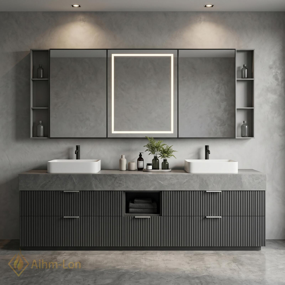 60''-96'' Double Bathroom Vanity with Sink Floating Slatted Drawers Concrete Texture Top