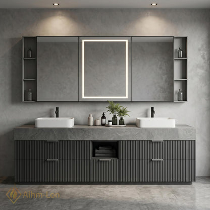 60''-96'' Double Bathroom Vanity with Sink Floating Slatted Drawers Concrete Texture Top