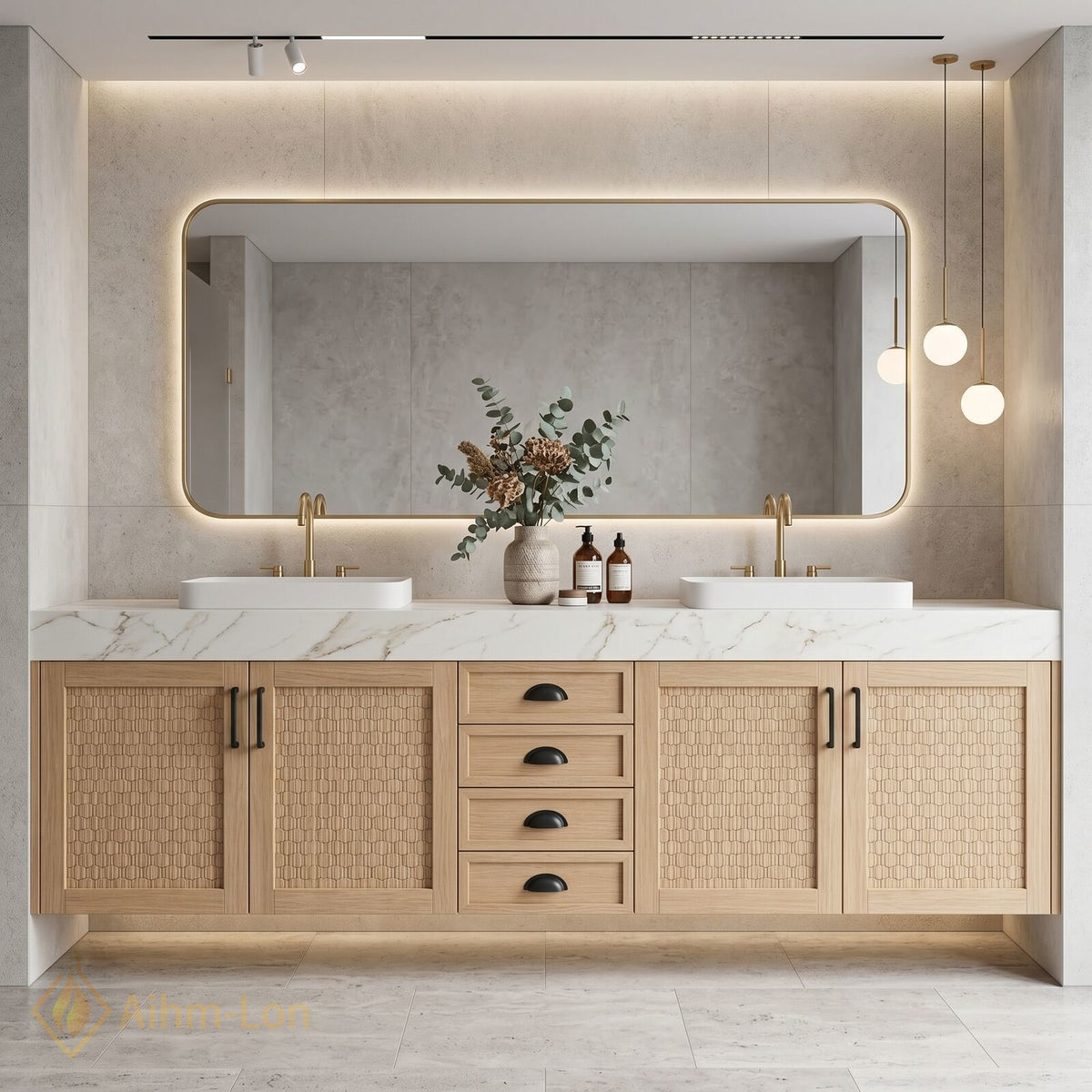 60''-96'' Double Bathroom Vanity with Sink Woven Texture Doors Marble Top Shelving