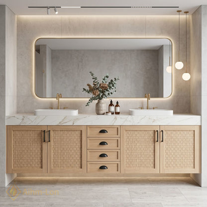 60''-96'' Double Bathroom Vanity with Sink Woven Texture Doors Marble Top Shelving