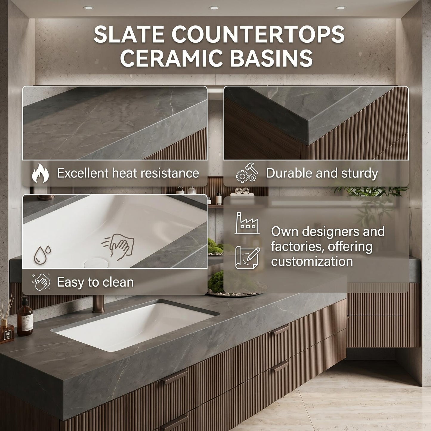 60''-96'' Modern Bathroom Vanity with Sink Double Sink Ribbed Wood Dark Stone Drawers Cabinet