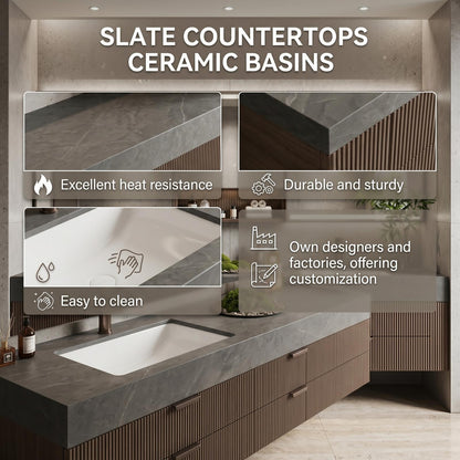 60''-96'' Modern Bathroom Vanity with Sink Double Sink Ribbed Wood Dark Stone Drawers Cabinet