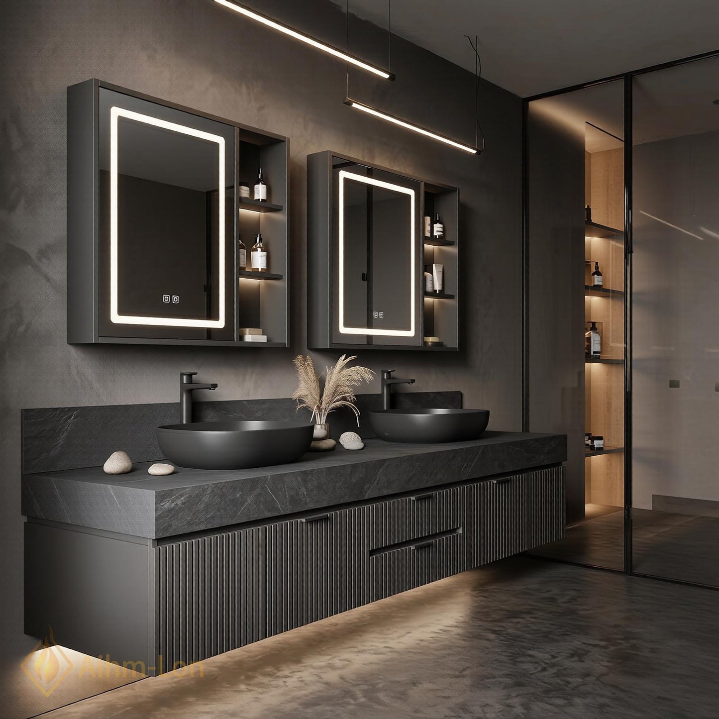 60''-96'' Double Bathroom Vanity with Sink Modern Floating Dark Stone Ribbed Panels