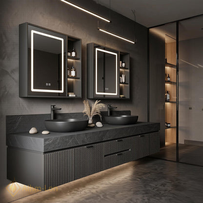 60''-96'' Double Bathroom Vanity with Sink Modern Floating Dark Stone Ribbed Panels