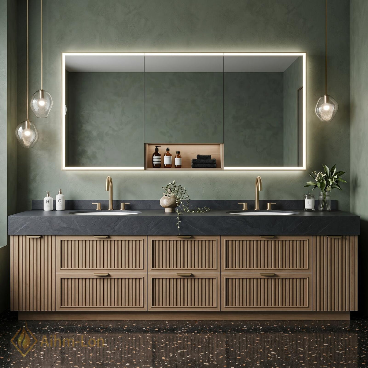60''-96'' Double Bathroom Vanity with Sink Slatted Dark Stone Top Spacious Storage