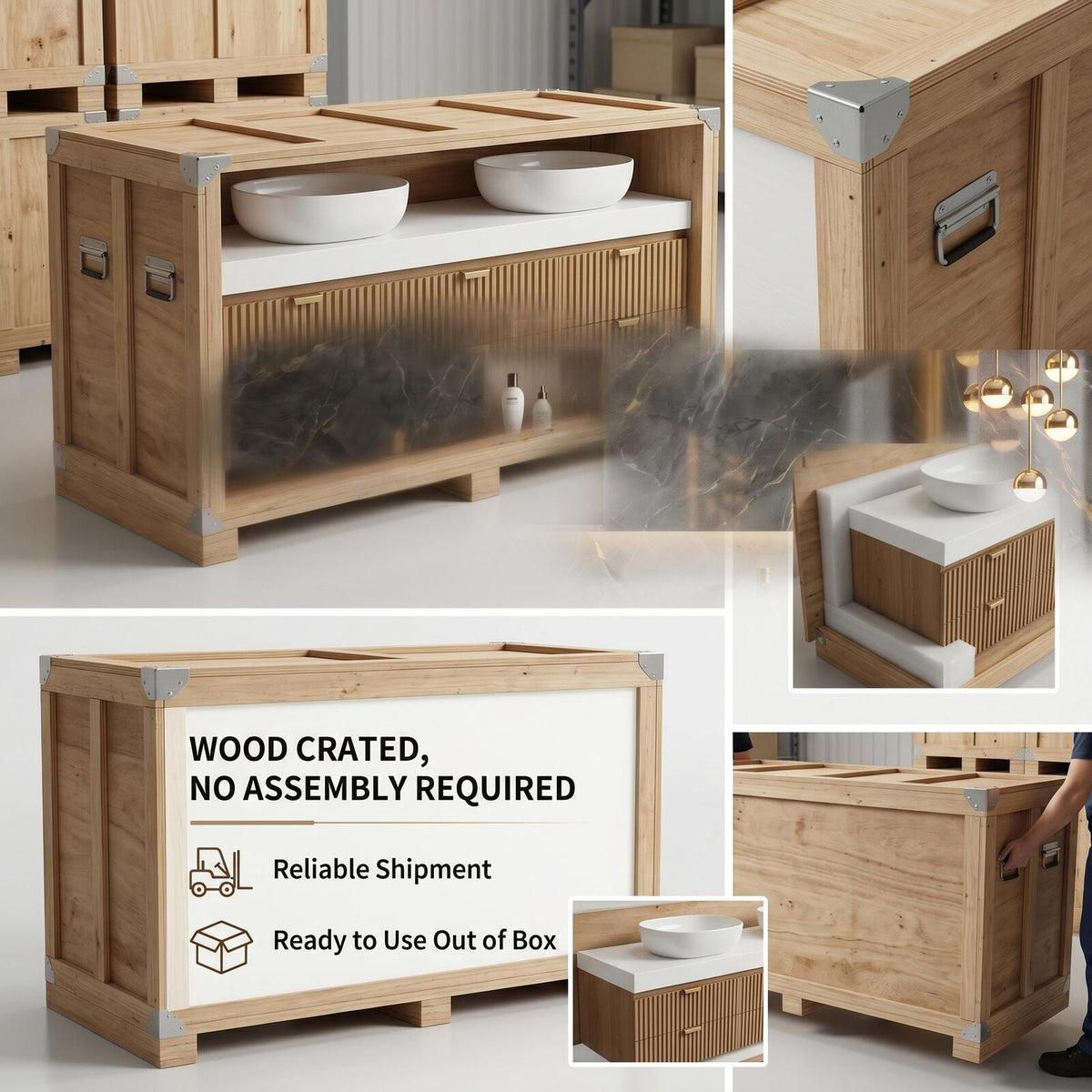 60''-96'' Double Bathroom Vanity with Sink Modern Floating Slatted Front Warm Oak Finish