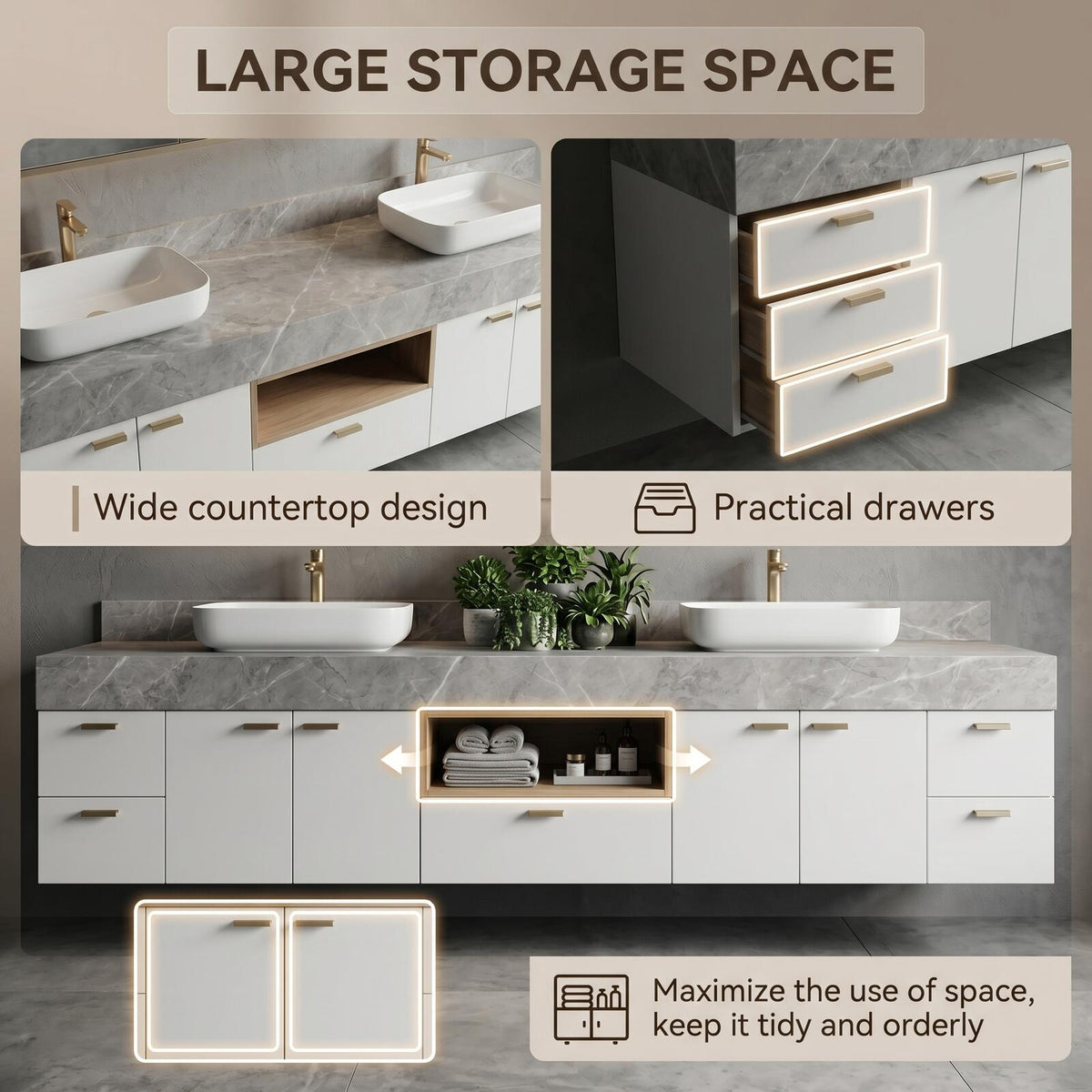 60''-96'' Double Bathroom Vanity with Sink Modern Floating Grey Marble Top White Cabinet