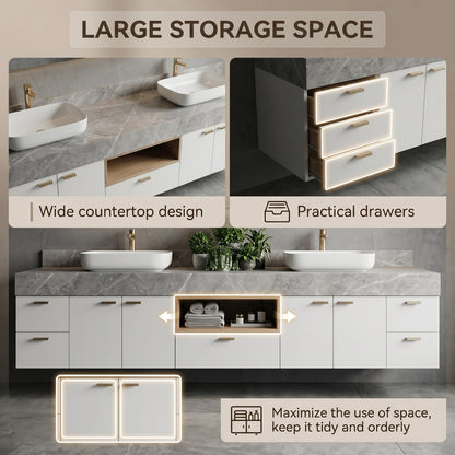 60''-96'' Double Bathroom Vanity with Sink Modern Floating Grey Marble Top White Cabinet