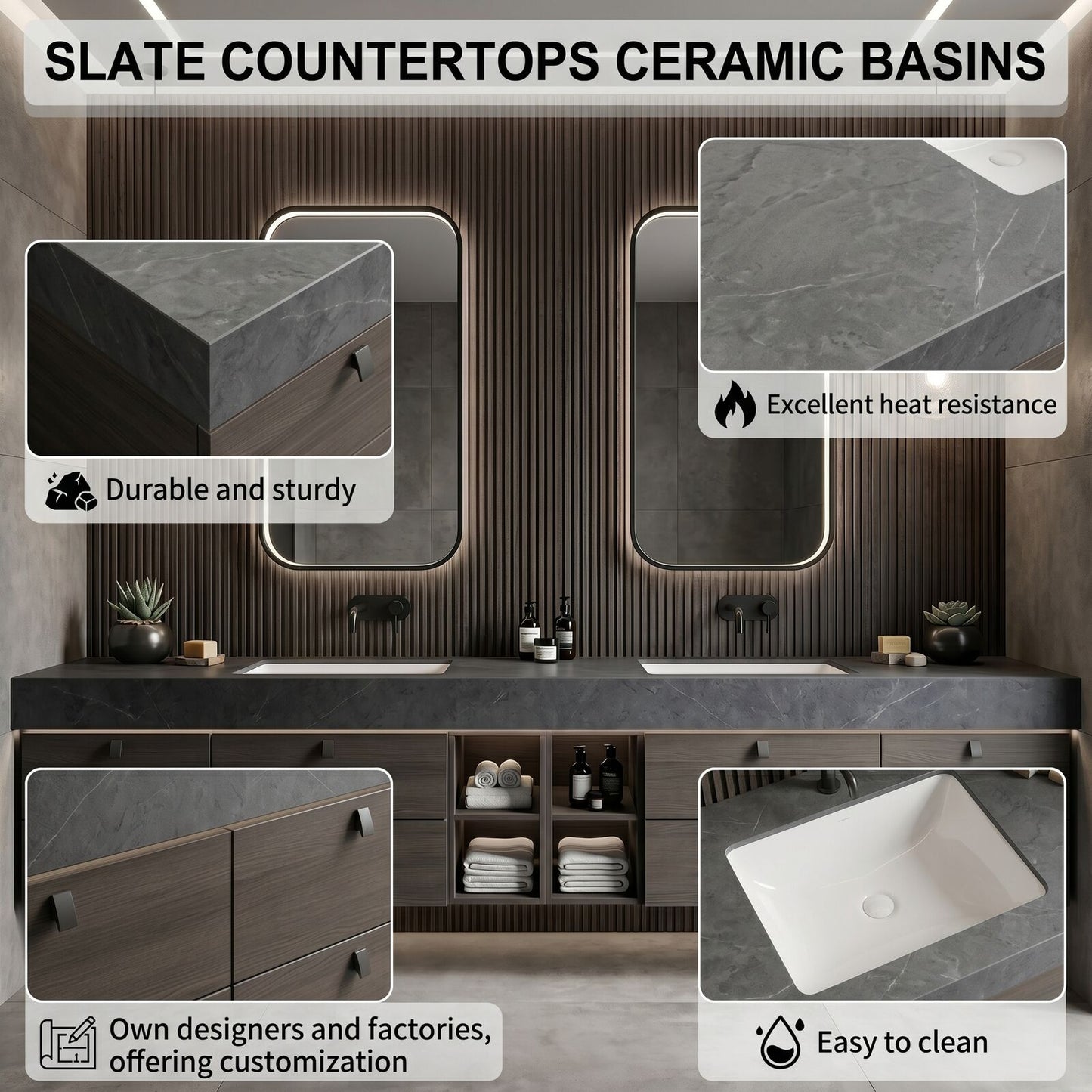 70''-96'' Modern Bathroom Vanity with Sink Dark Gray Top Rectangular Basin Cabinet