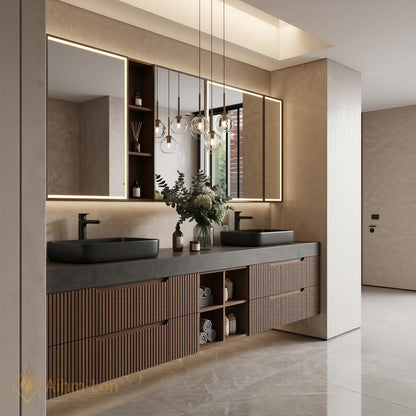 60''-96'' Double Bathroom Vanity with Sink Open Shelving Ribbed Wood Panels Center