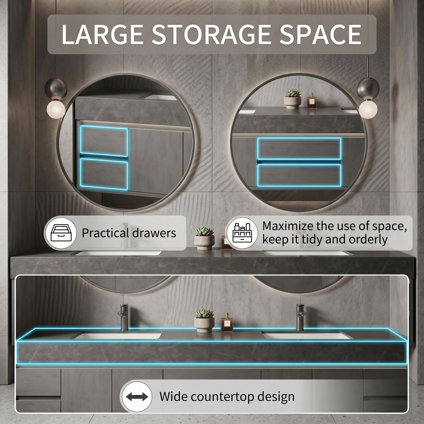 70''-96'' Modern Bathroom Vanity with Sink Dark Stone Grain Floating Storage Drawers