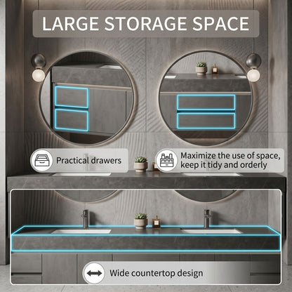 70''-96'' Modern Bathroom Vanity with Sink Dark Stone Grain Floating Storage Drawers