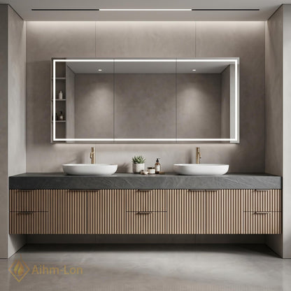 60''-96'' Double Bathroom Vanity with Sink Floating Dark Stone Top Vertical Wood Slats