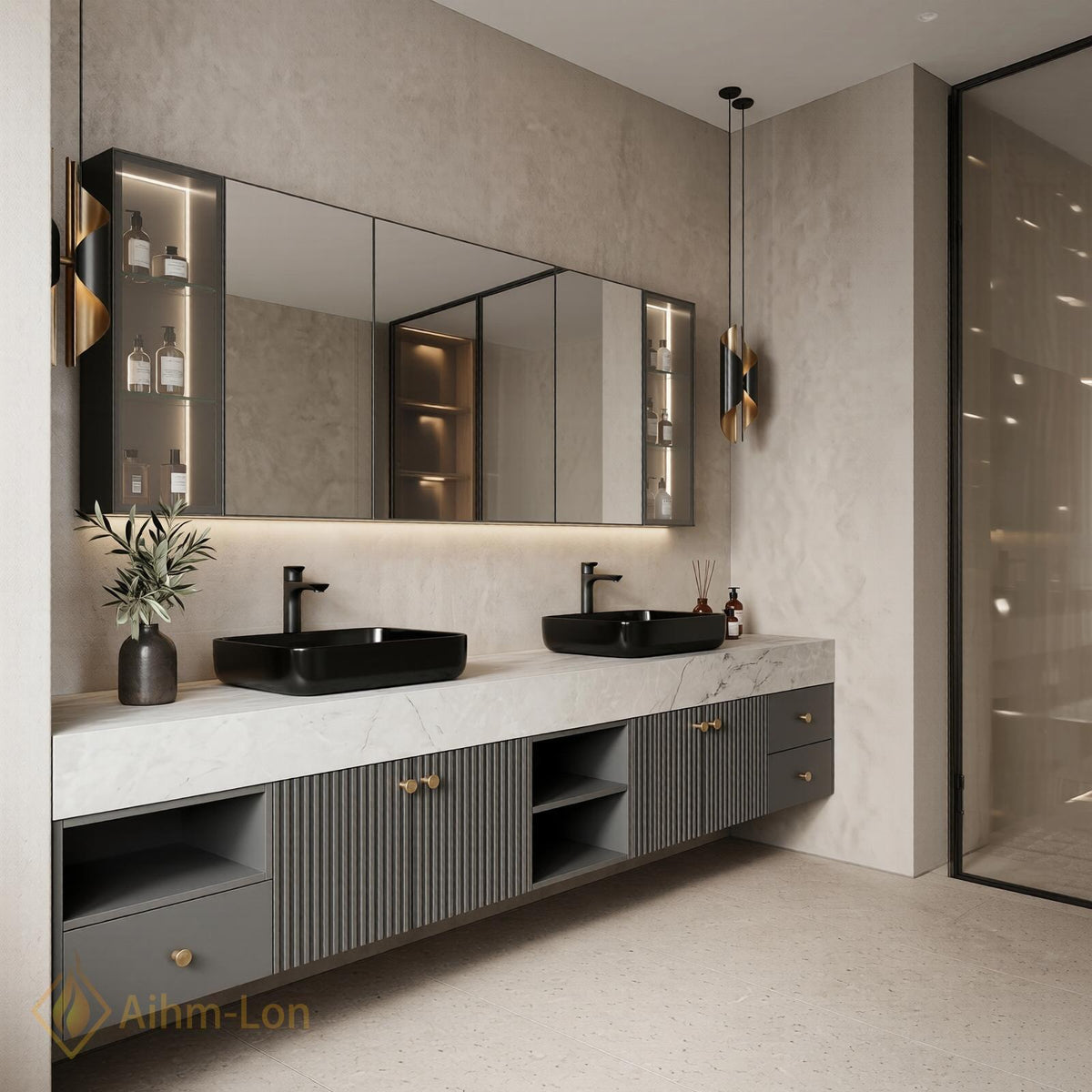 60''-96'' Double Bathroom Vanity with Sink Dark Gray Slatted Doors Marble-Effect Top