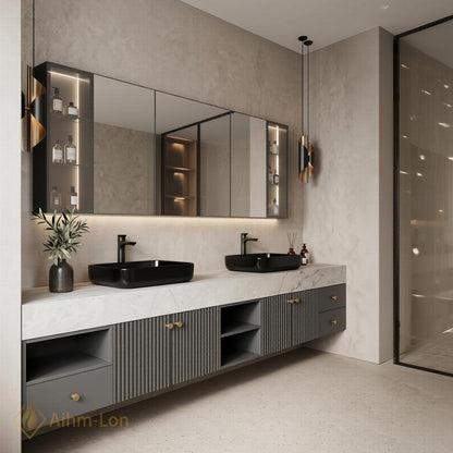60''-96'' Double Bathroom Vanity with Sink Dark Gray Slatted Doors Marble-Effect Top