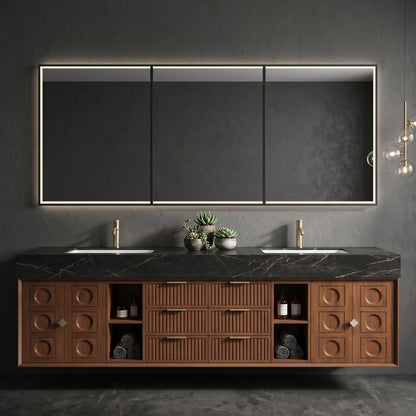 60''-96'' Double Bathroom Vanity with Sink Modern Floating Dark Wood Slatted Center Panel