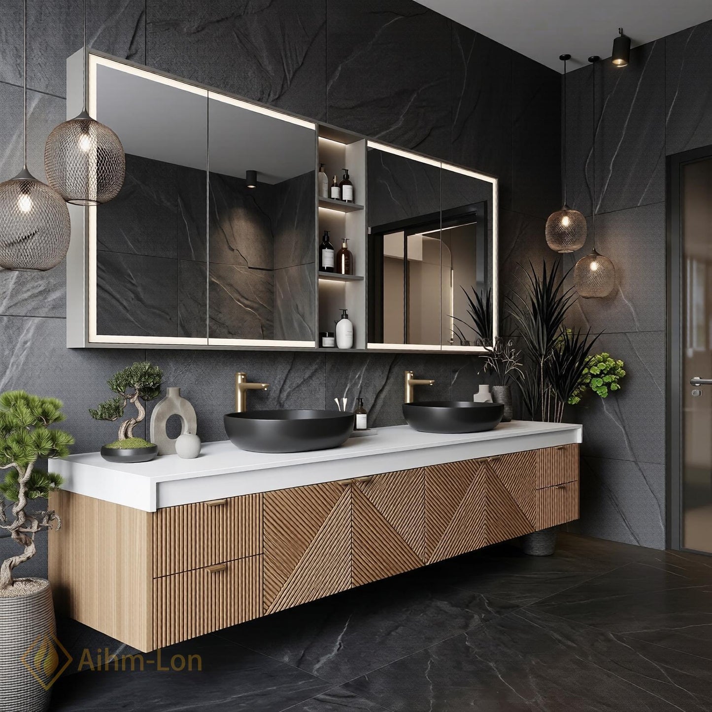 76''-96'' Floating Bathroom Vanity with Sink Geometric Slatted Wood Warm Grain Texture