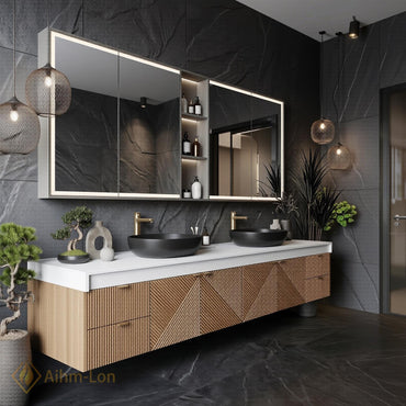 76''-96'' Floating Bathroom Vanity with Sink Geometric Slatted Wood Warm Grain Texture