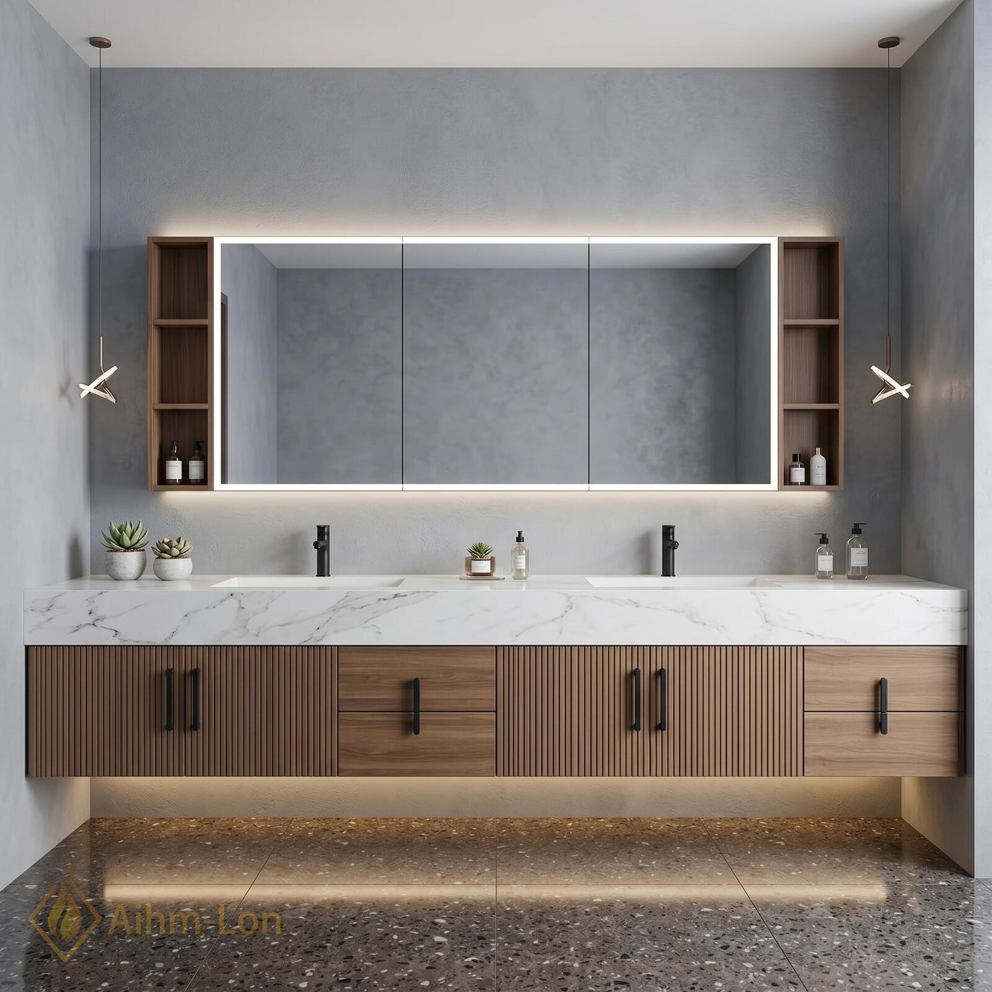 70''-96'' Modern Double Bathroom Vanity with Sink Warm Wood Slatted Front Panels