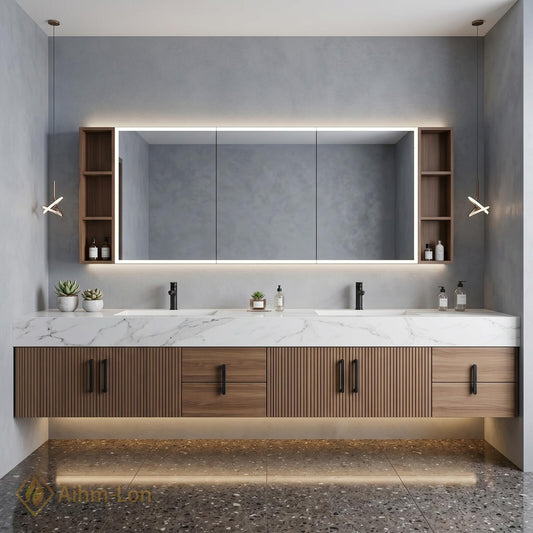 70''-96'' Modern Double Bathroom Vanity with Sink Warm Wood Slatted Front Panels