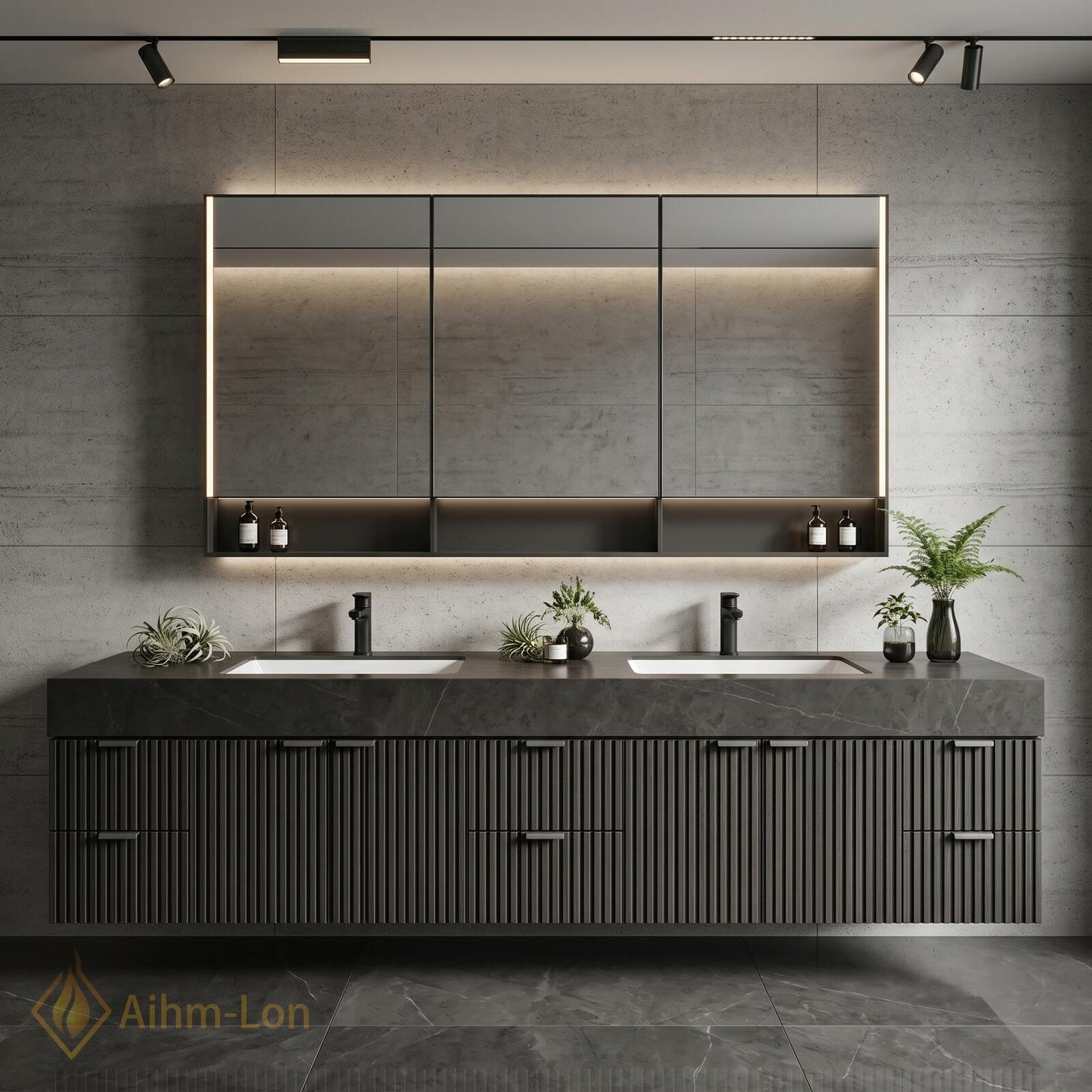 72''-96'' Double Bathroom Vanity with Sink Dark Grey Floating Panels Stone Ribbed