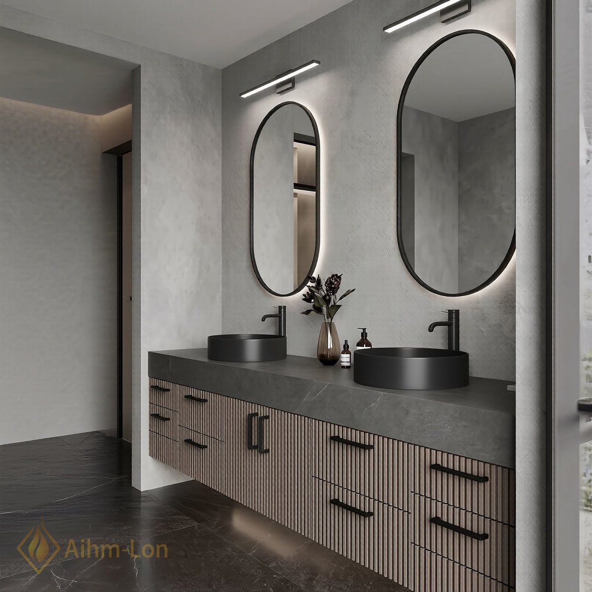 76''-96'' Double Bathroom Vanity with Sink Dark Walnut Slatted Panel Dual Sink