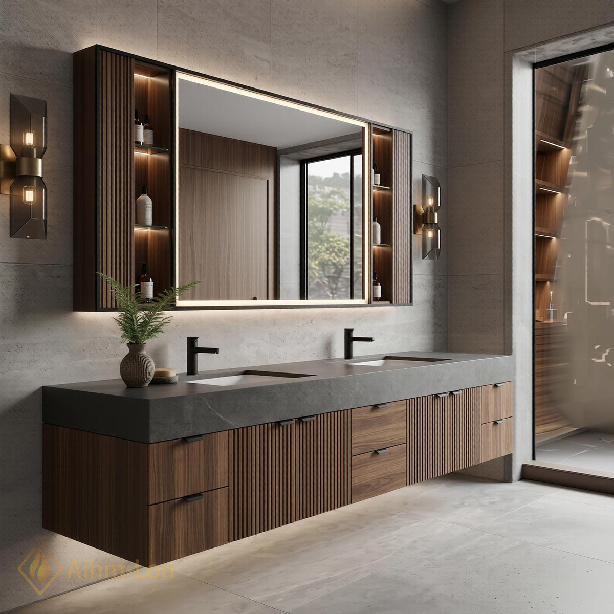 60''-96'' Double Bathroom Vanity with Sink Modern Slatted Dark Walnut Floating Finish