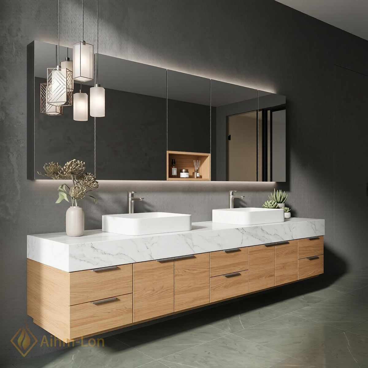 60''-96'' Double Bathroom Vanity with Sink White Marble-look Top Natural Oak Spacious Drawers