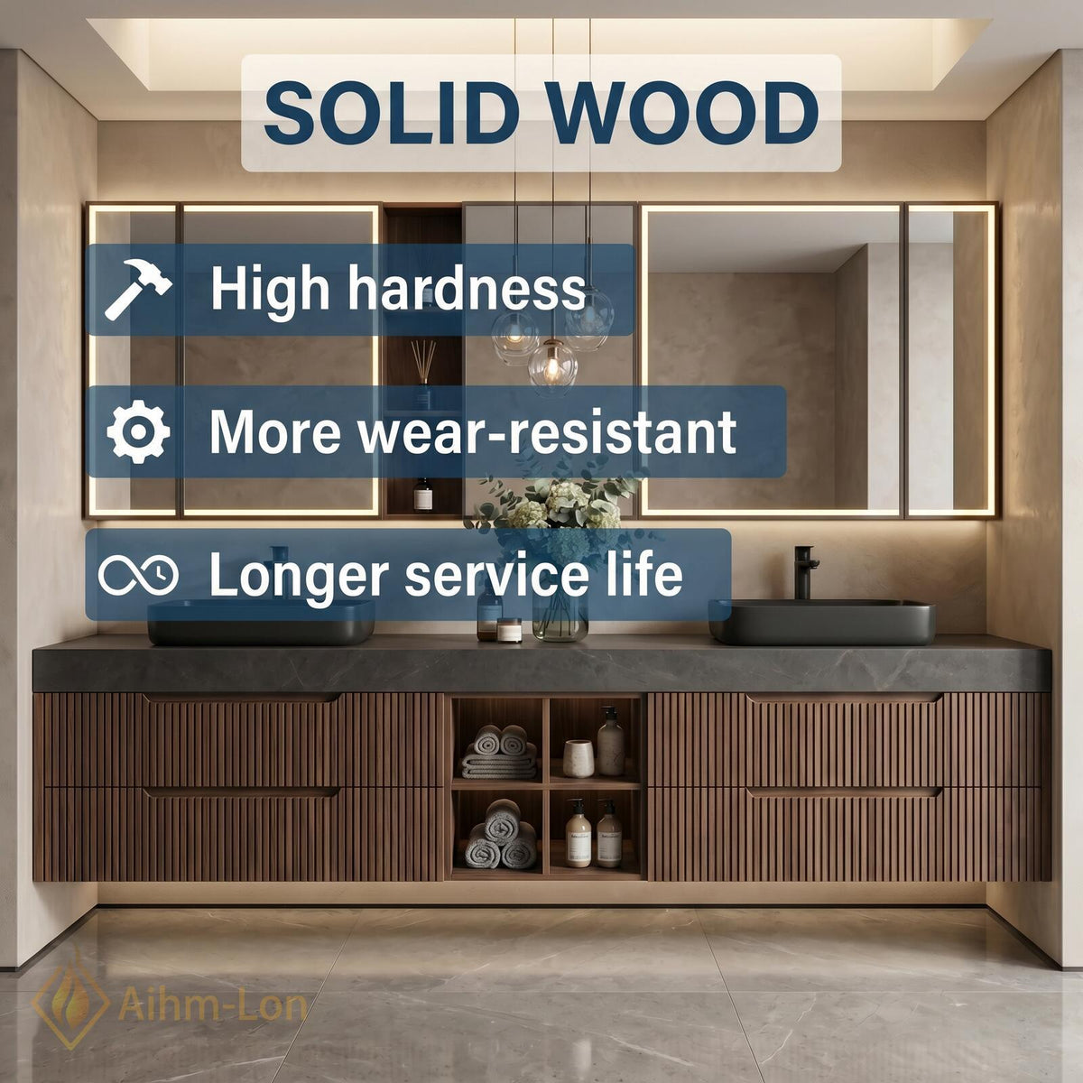 60''-96'' Double Bathroom Vanity with Sink Open Shelving Ribbed Wood Panels Center