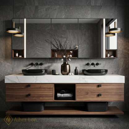 60''-96'' Double Bathroom Vanity with Sink White Slatted-Panel Marble Countertop Open