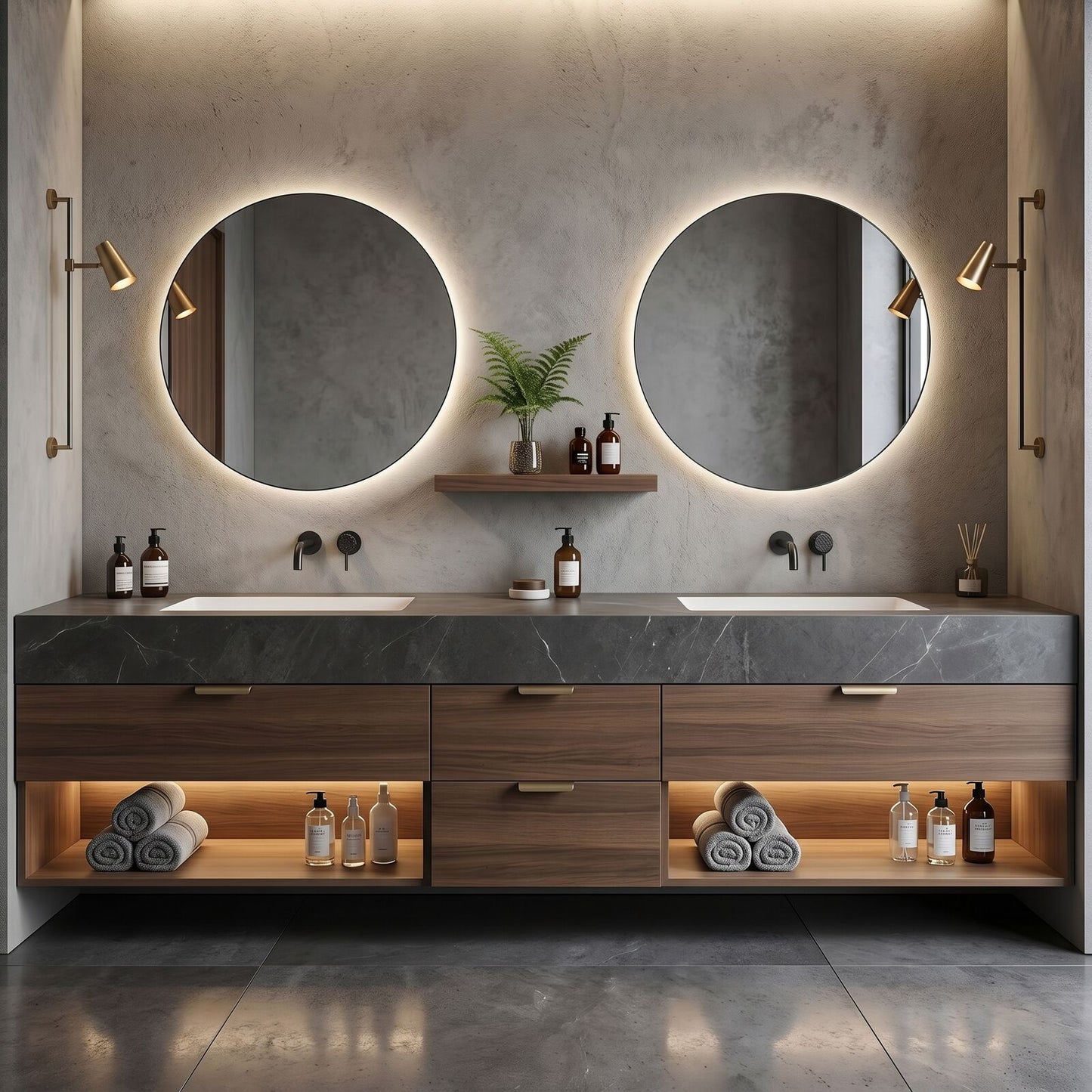 60''-96'' Modern Bathroom Vanity with Sink Double Basin Wood-Grain Dark Stone Cabinet