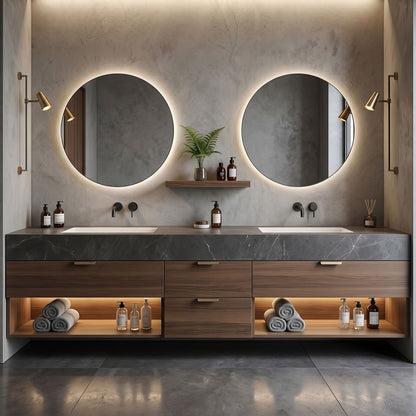 60''-96'' Modern Bathroom Vanity with Sink Double Basin Wood-Grain Dark Stone Cabinet