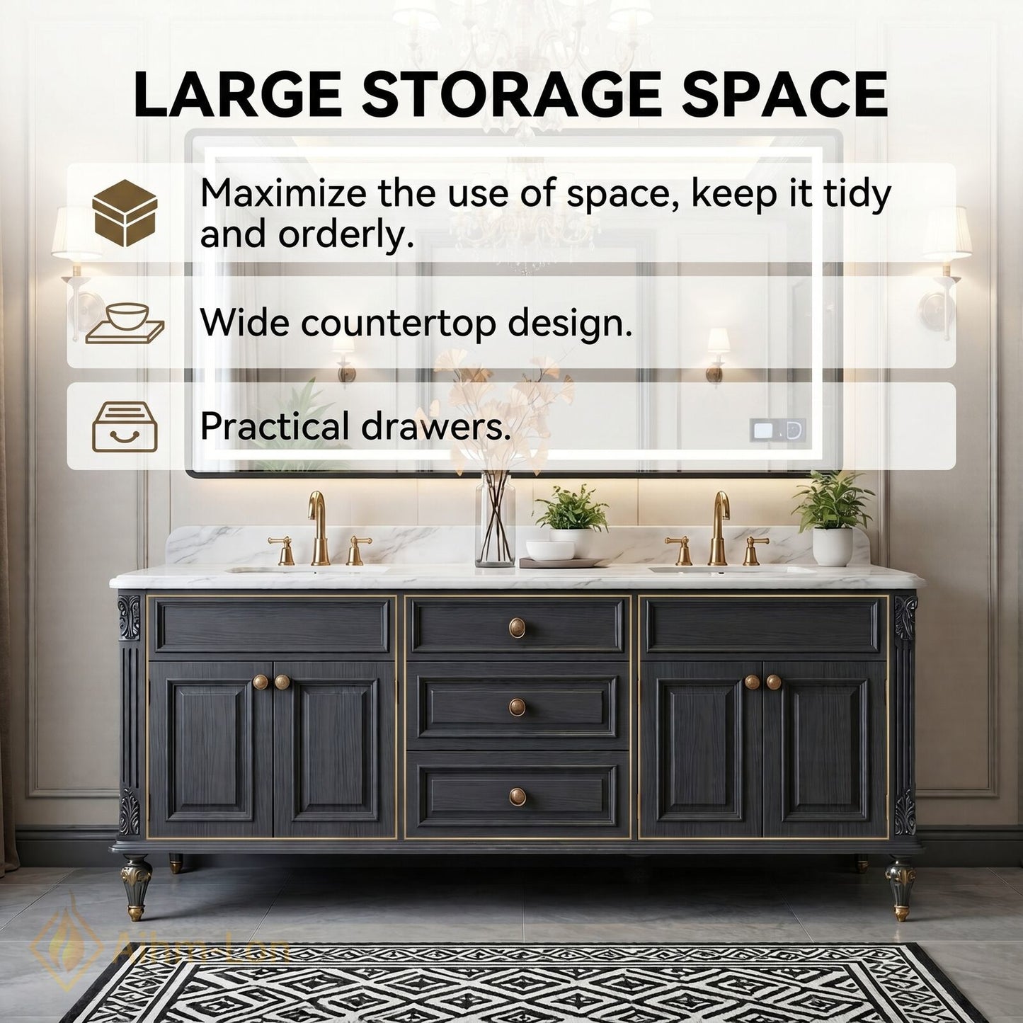 70''-96'' Double Bathroom Vanity with Sink Marble Top Cabinet Drawers Storage