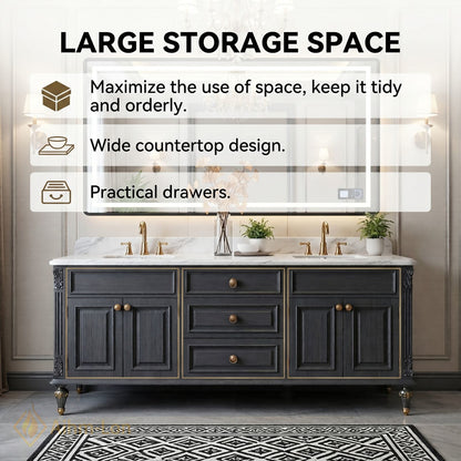 70''-96'' Double Bathroom Vanity with Sink Marble Top Cabinet Drawers Storage