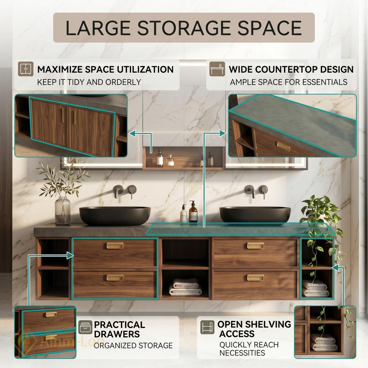 60''-96'' Double Bathroom Vanity with Sink Modern Floating Dark Walnut Open Shelving
