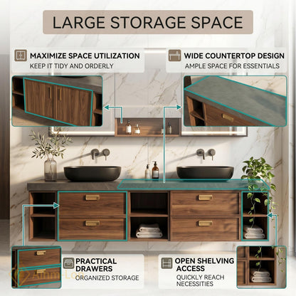 60''-96'' Double Bathroom Vanity with Sink Modern Floating Dark Walnut Open Shelving