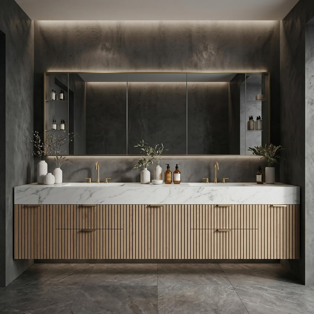 60''-96'' Double Bathroom Vanity with Sink Floating Warm Oak Slatted Finish Open Shelving