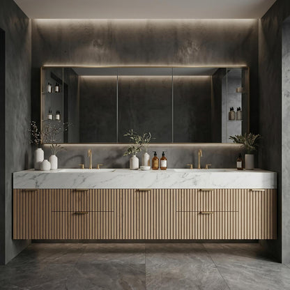 60''-96'' Double Bathroom Vanity with Sink Floating Warm Oak Slatted Finish Open Shelving
