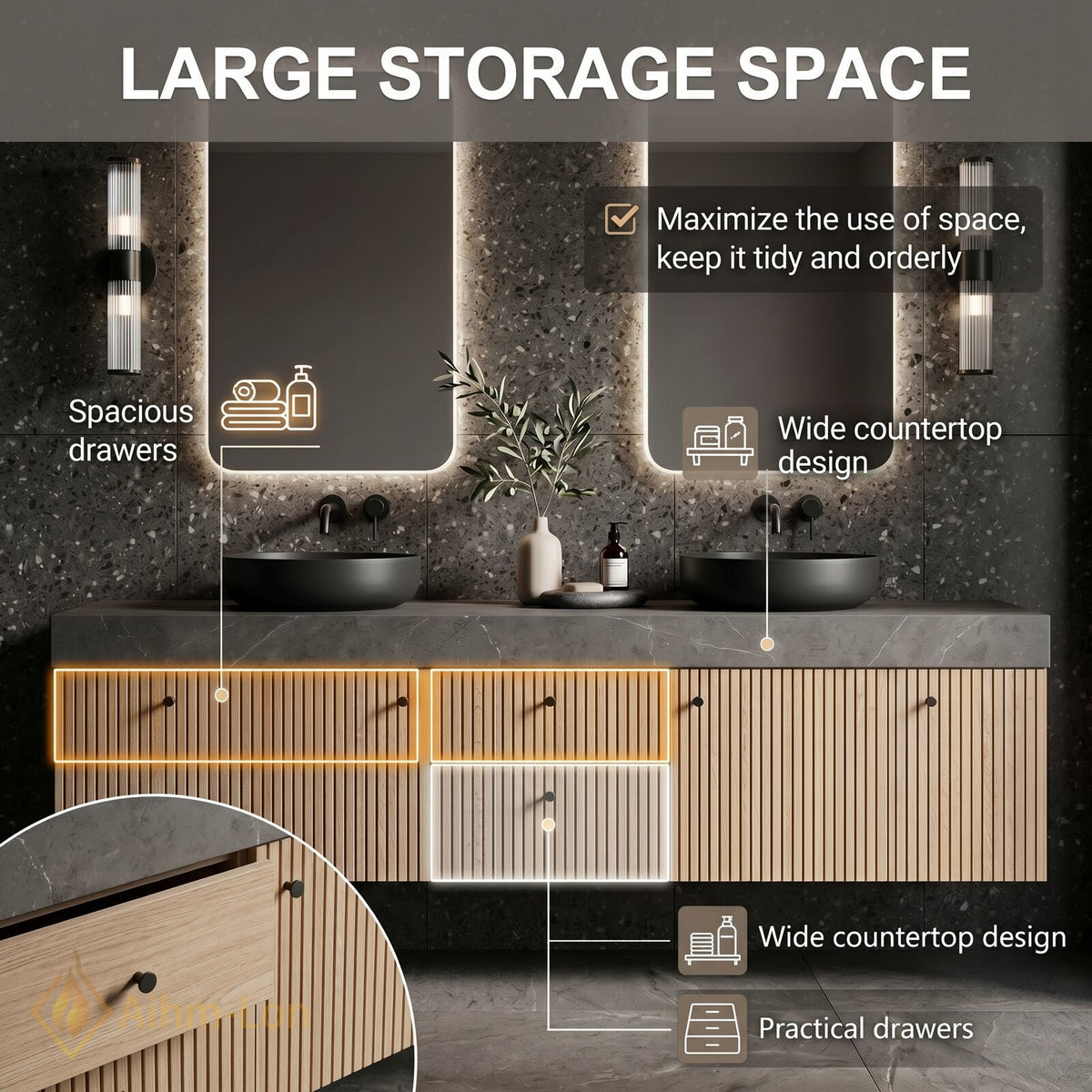 76''-96'' Double Bathroom Vanity with Sink Grey Stone Top Slatted Front Shelving
