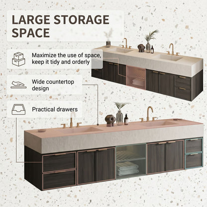 70''-96'' Double Bathroom Vanity with Sink Marble Top Dark Wood Grains Floating Shelf