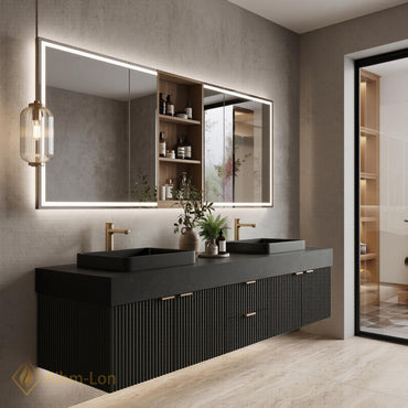 60''-96'' Double Bathroom Vanity with Sink Modern Dark Charcoal Ribbed Panels Mirror Storage