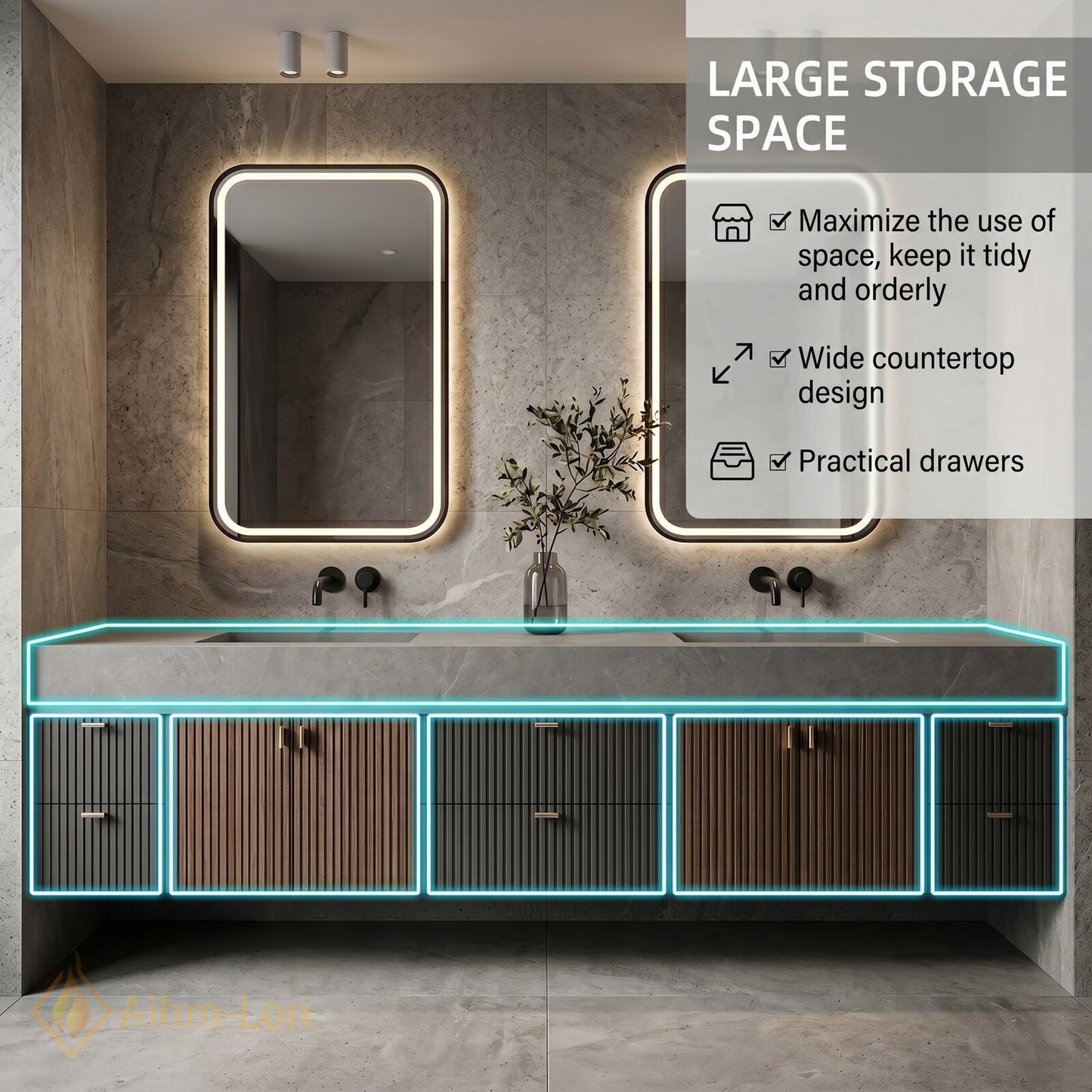 76''-96'' Double Bathroom Vanity with Sink Modern Wood-Grain Slatted Illuminated Anti Fog