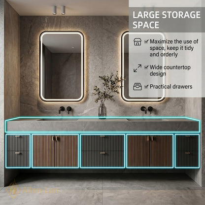 76''-96'' Double Bathroom Vanity with Sink Modern Wood-Grain Slatted Illuminated Anti Fog