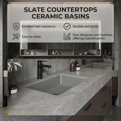 70''-96'' Double Bathroom Vanity with Sink Dark Stone Finish Slatted Center Panel