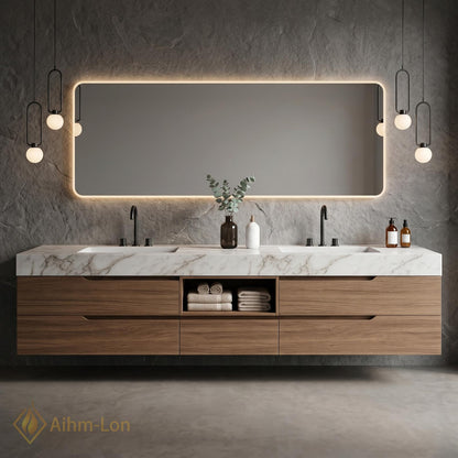 60''-96'' Double Bathroom Vanity with Sink Floating Stone-Top Open Storage Elegant