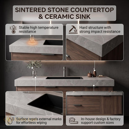 36''-110'' Modern Floating Bathroom Vanity with Sink Sintered Stone Top Hidden Drawers